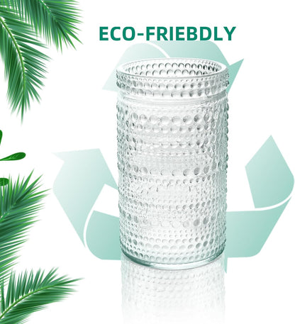 Hobnail Drinking Glasses Set of 8 - 16 oz Handmade Recycled Glass Beaded Cups, Vintage Style for Whiskey, Wine, Cocktails