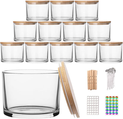 12 Pack 14 oz Clear Glass Candle Jars with Bamboo Lids – Candle Making Kit Includes Wick Holders, Wicks, Labels, and Glue Dots – Reusable and Multipurpose