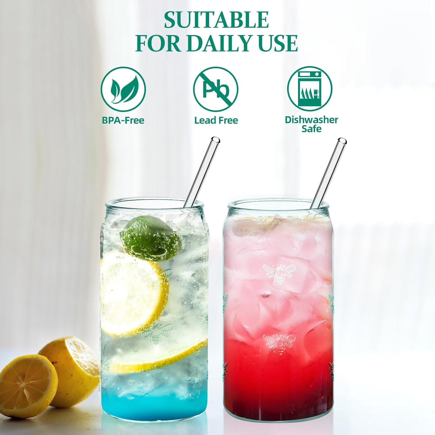 18 oz Can Shaped Drinking Glasses - Set of 8 with Reusable Straws, Embossed Bee Design, Recycled Glass Tumbler for Beer, Iced Coffee, Juice
