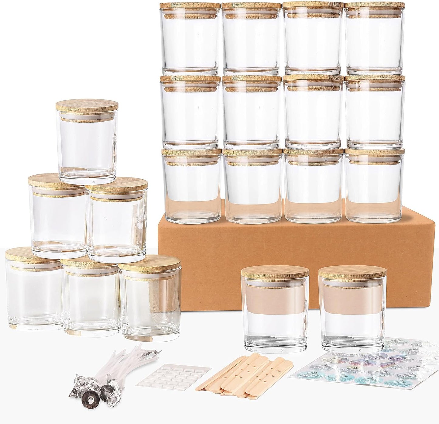 20 Pack 7 oz Clear Glass Candle Jars with Bamboo Lids – Candle Making Kit Includes Wick Holders, Wicks, Labels, and Glue Dots – Reusable and Versatile