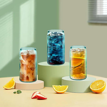18 oz Can Shaped Drinking Glasses - 8 Pack with Reusable Straws, Recycled Glass Tumblers with Embossed Bee, Ideal for Beer, Iced Coffee, Water, and Fresh Drinks