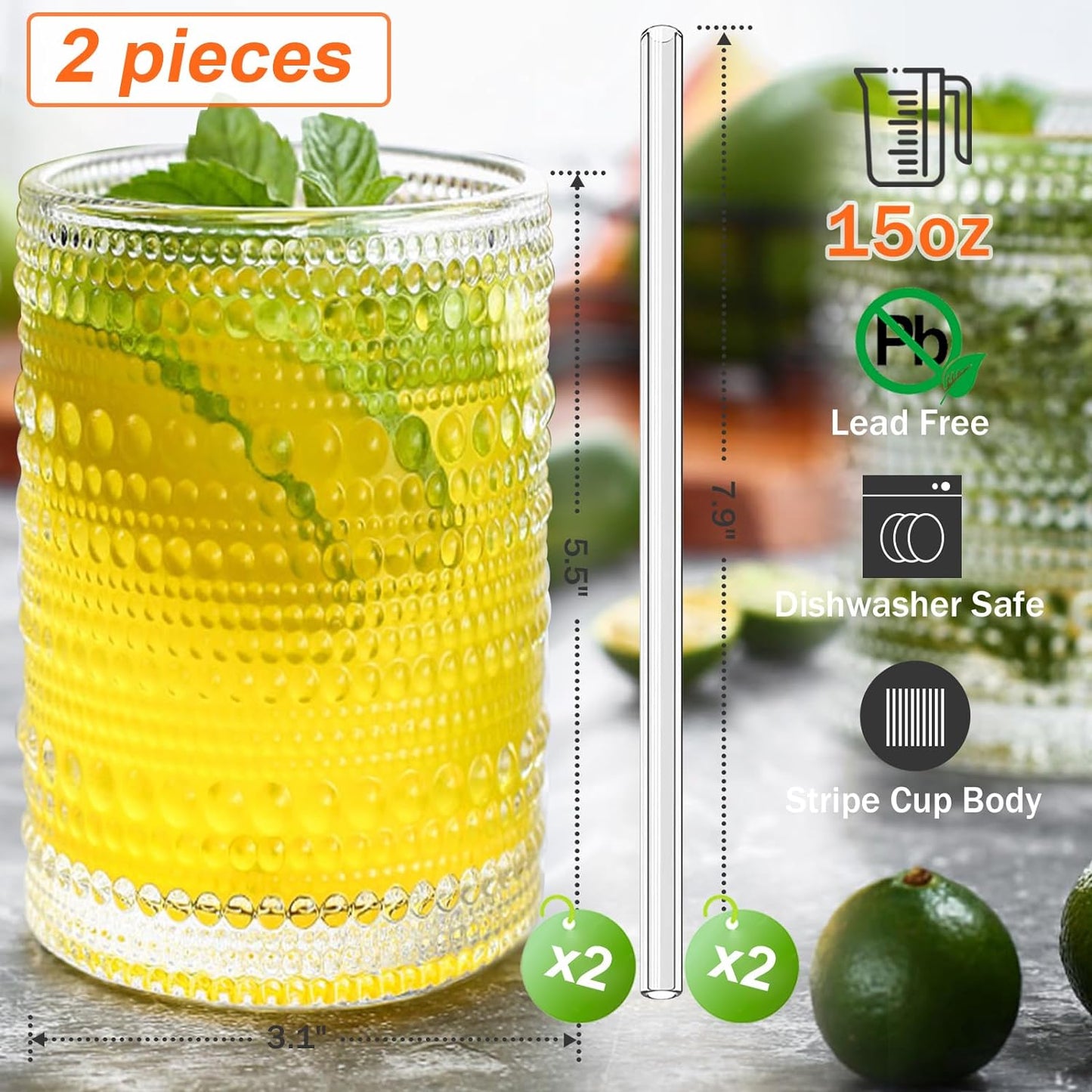 Vintage Drinking Glasses, 15 oz Hobnail Drinking Glasses Set of 2, Ribbed Glassware, Hobnail Glassware, Whiskey Glasses, Cocktail Glasses, Romantic Highball Glasses