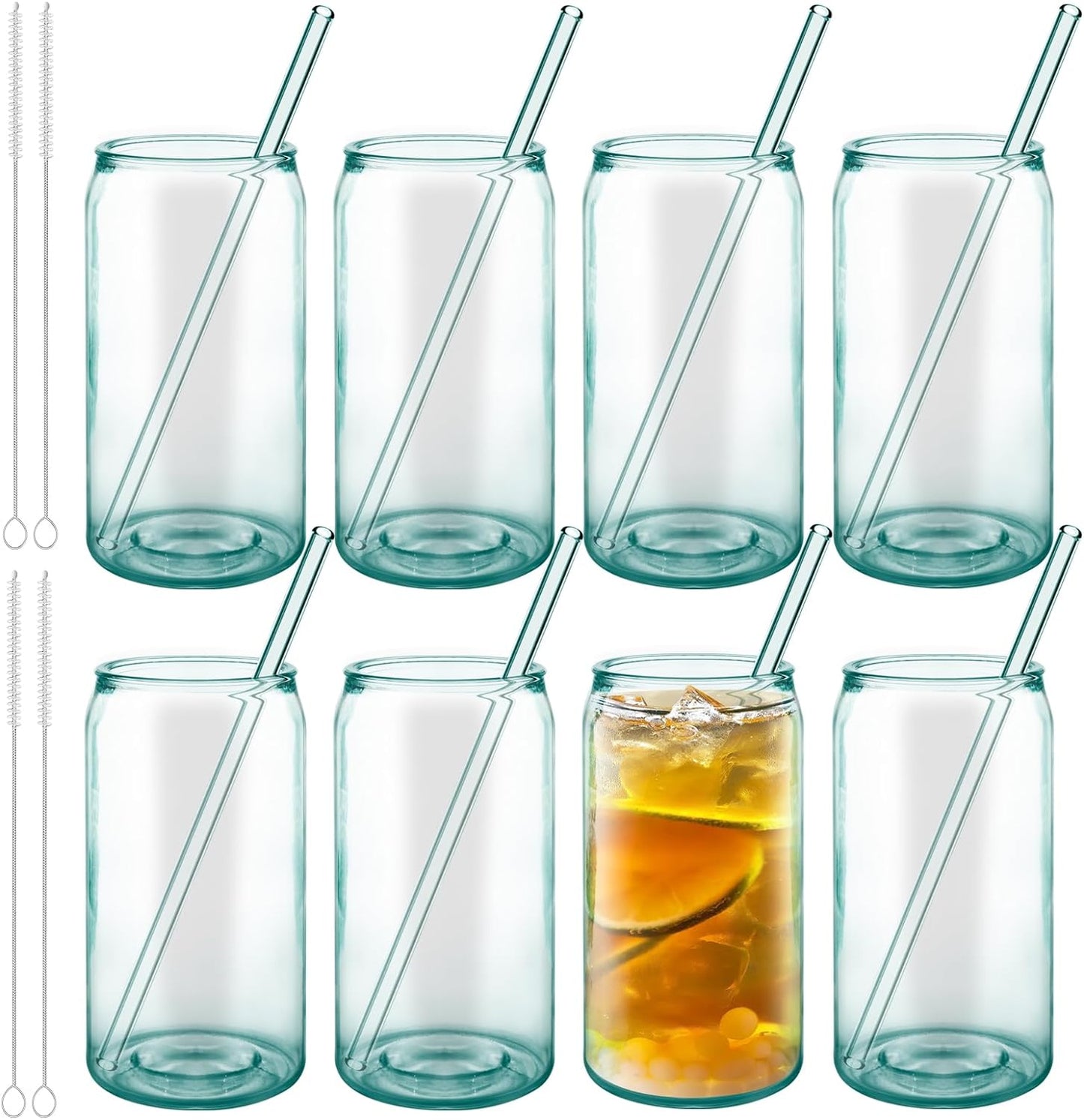 18 oz Can Shaped Drinking Glasses - 8 Pack with Reusable Straws, Recycled Glass Tumblers with Embossed Bee, Ideal for Beer, Iced Coffee, Water, and Fresh Drinks