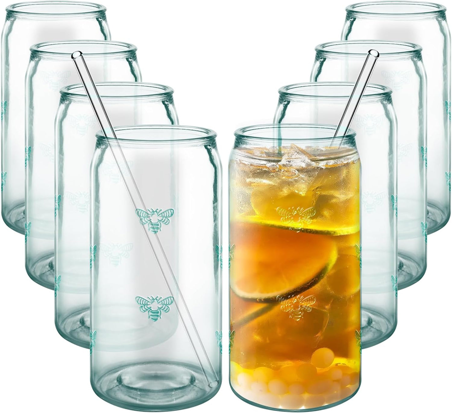 18 oz Can Shaped Drinking Glasses - Set of 8 with Reusable Straws, Embossed Bee Design, Recycled Glass Tumbler for Beer, Iced Coffee, Juice