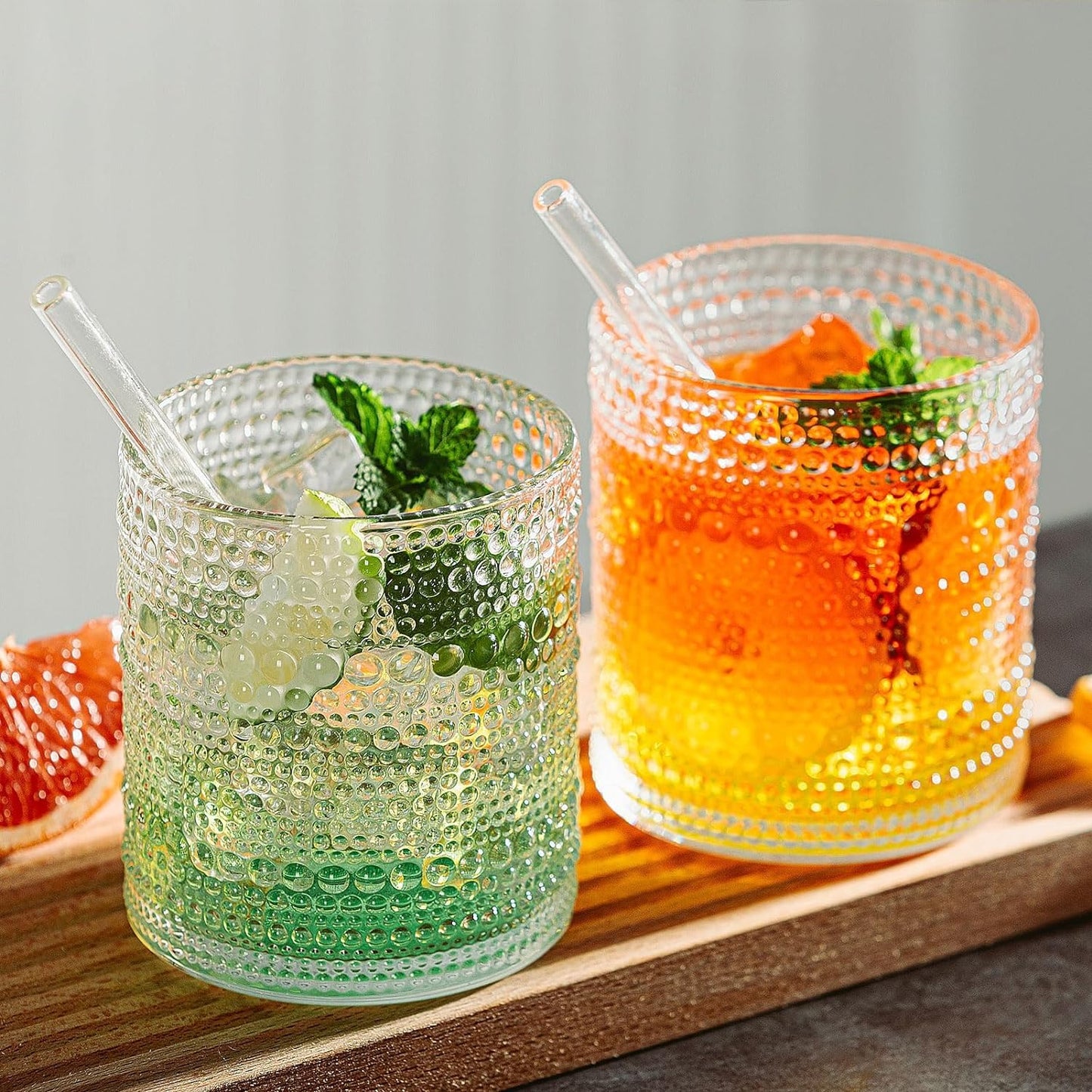 Vintage Hobnail Glassware Set of 2 - 13 oz Ribbed Drinking Glasses with Glass Straws, Ideal for Whiskey, Cocktails, and Romantic Highball Drinks