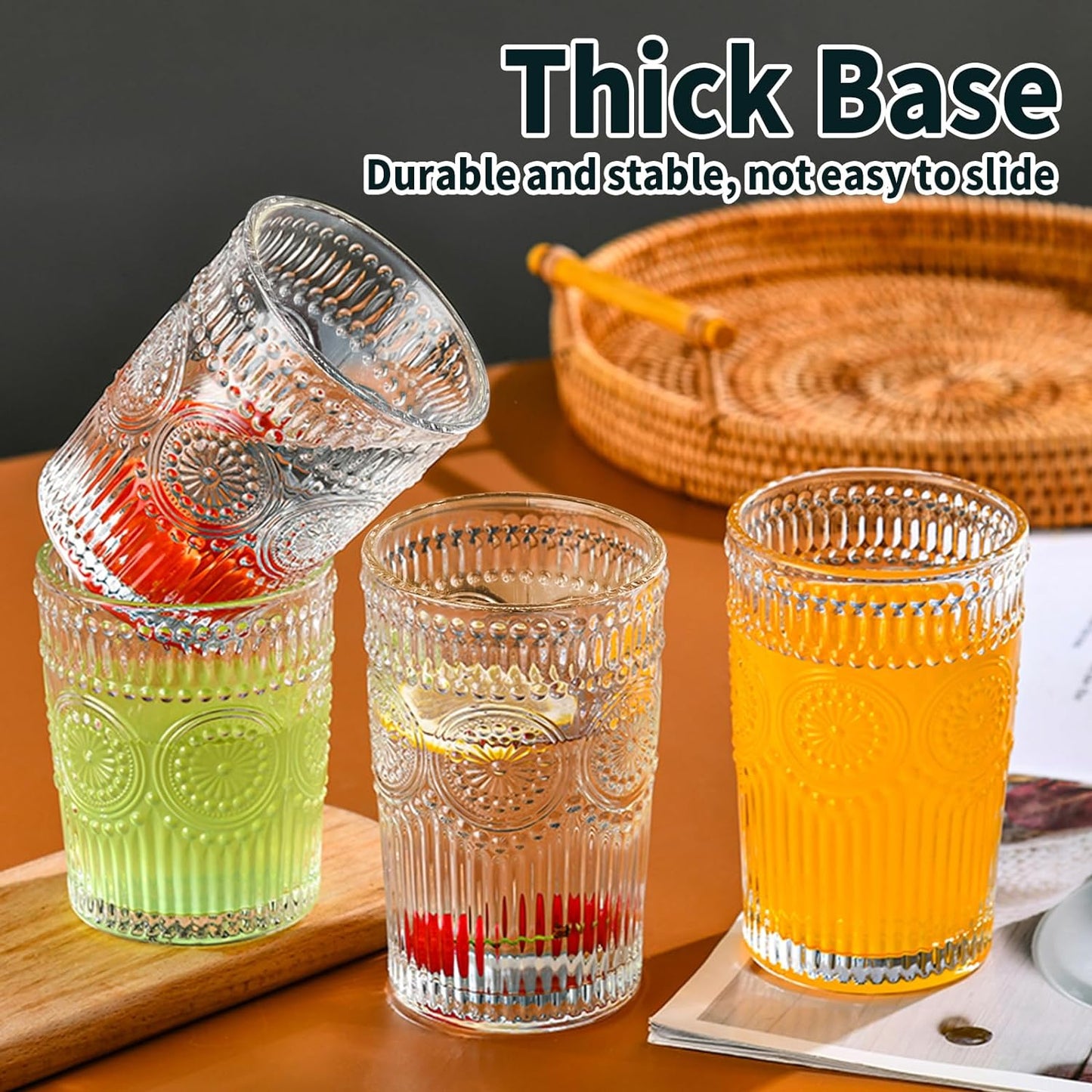 Vintage Striped Glassware Set of 8 - Textured Drinking Glasses, 4 Highball 12oz & 4 Rocks 10oz, Juice and Cocktail Cups, Ideal for Home and Bar