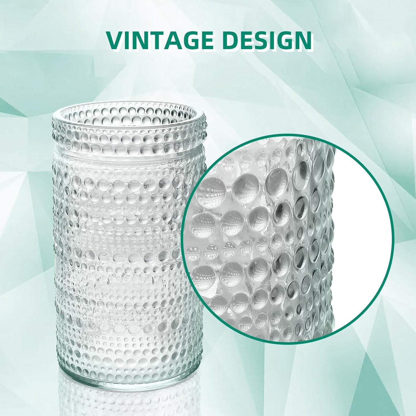 Hobnail Drinking Glasses Set of 8 - 16 oz Handmade Recycled Glass Beaded Cups, Vintage Style for Whiskey, Wine, Cocktails