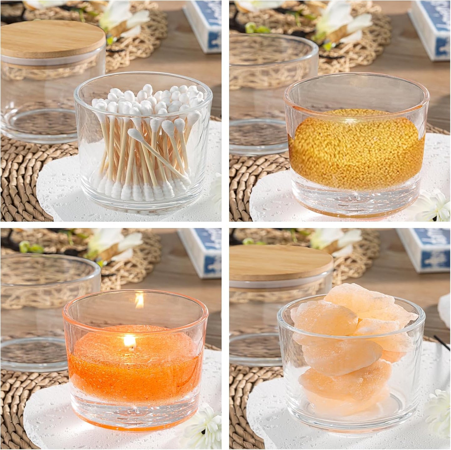 12 Pack 14 oz Clear Glass Candle Jars with Bamboo Lids – Candle Making Kit Includes Wick Holders, Wicks, Labels, and Glue Dots – Reusable and Multipurpose