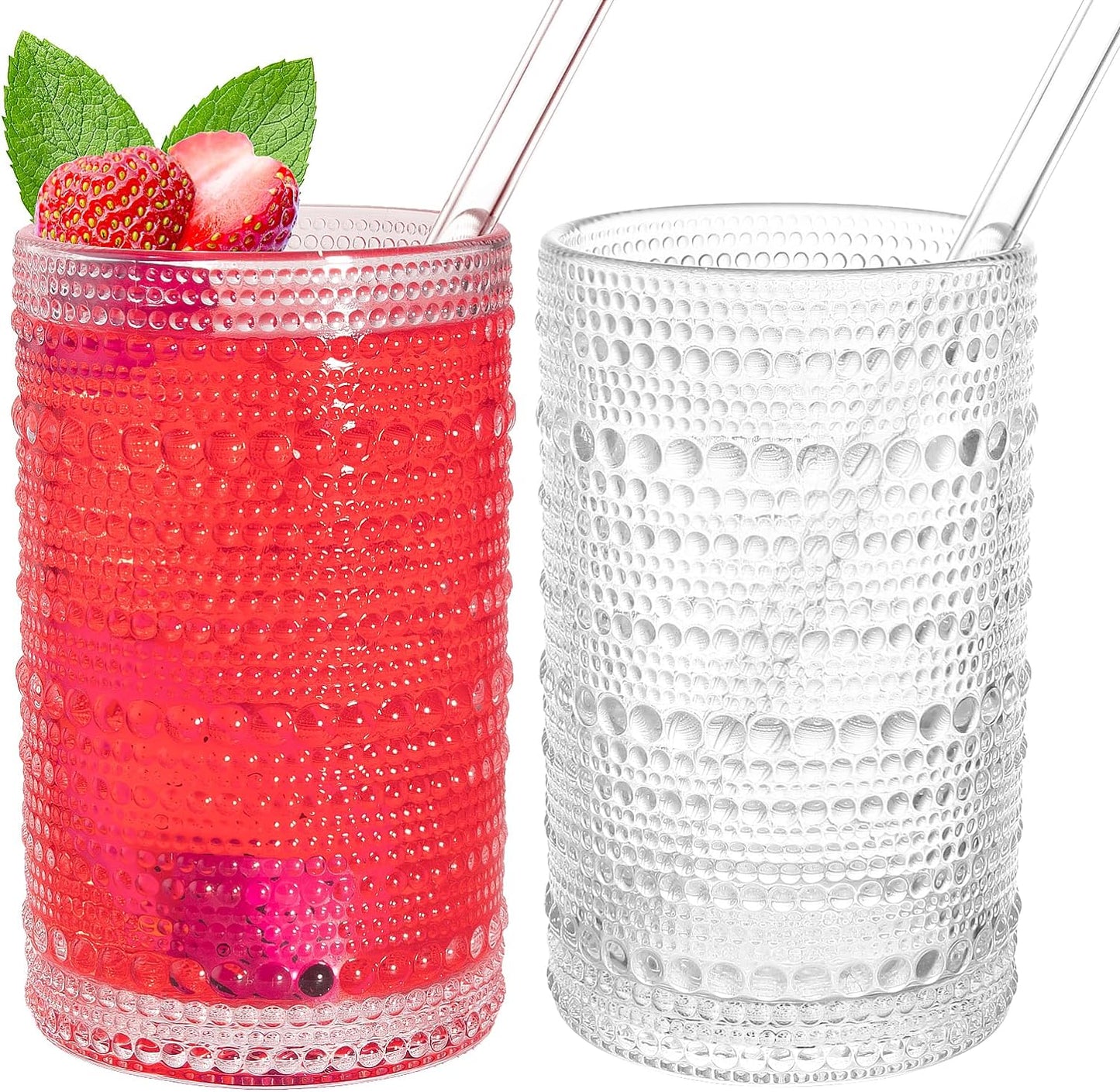 Vintage Drinking Glasses, 15 oz Hobnail Drinking Glasses Set of 2, Ribbed Glassware, Hobnail Glassware, Whiskey Glasses, Cocktail Glasses, Romantic Highball Glasses