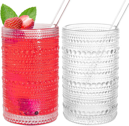 Vintage Drinking Glasses, 15 oz Hobnail Drinking Glasses Set of 2, Ribbed Glassware, Hobnail Glassware, Whiskey Glasses, Cocktail Glasses, Romantic Highball Glasses