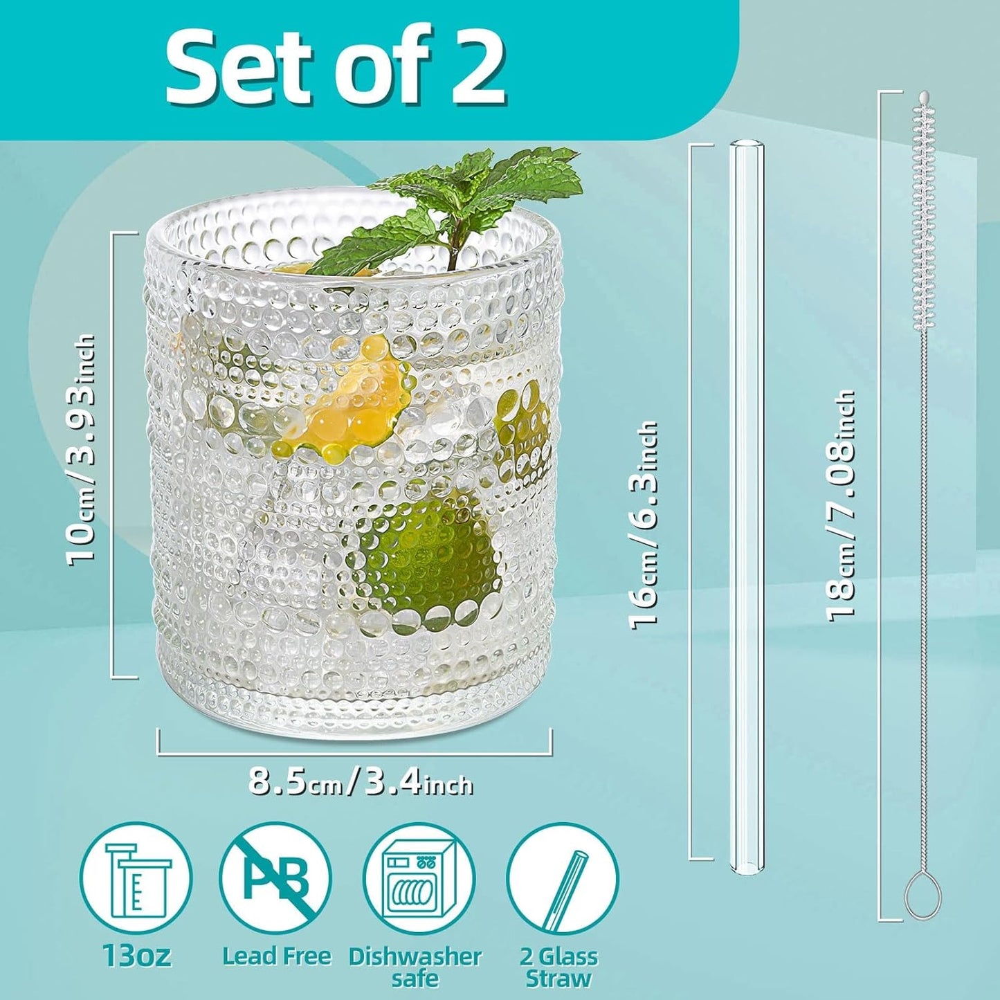Vintage Hobnail Glassware Set of 2 - 13 oz Ribbed Drinking Glasses with Glass Straws, Ideal for Whiskey, Cocktails, and Romantic Highball Drinks