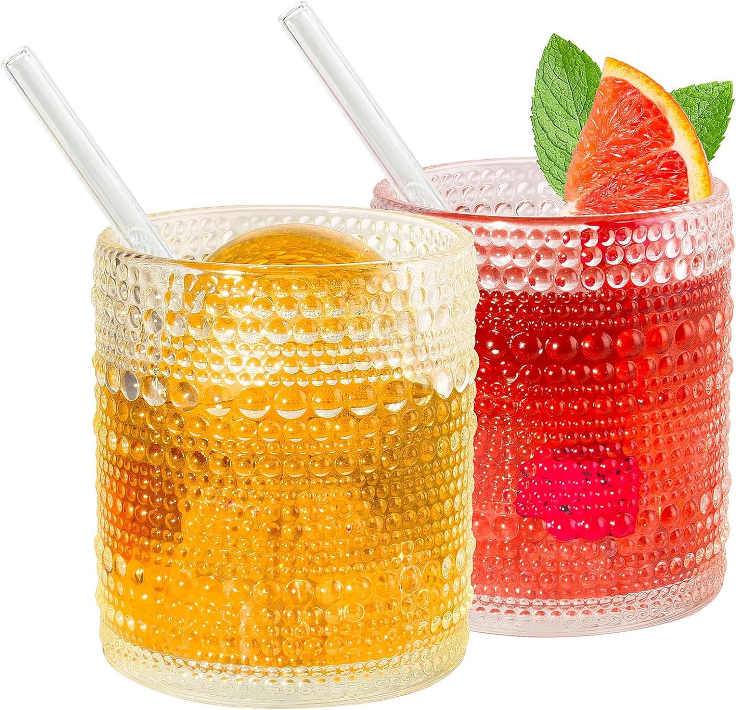 Vintage Hobnail Glassware Set of 2 - 13 oz Ribbed Drinking Glasses with Glass Straws, Ideal for Whiskey, Cocktails, and Romantic Highball Drinks