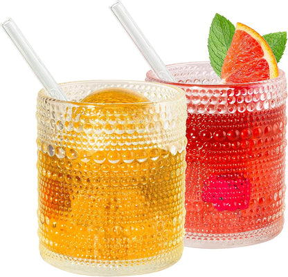 Vintage Hobnail Glassware Set of 2 - 13 oz Ribbed Drinking Glasses with Glass Straws, Ideal for Whiskey, Cocktails, and Romantic Highball Drinks