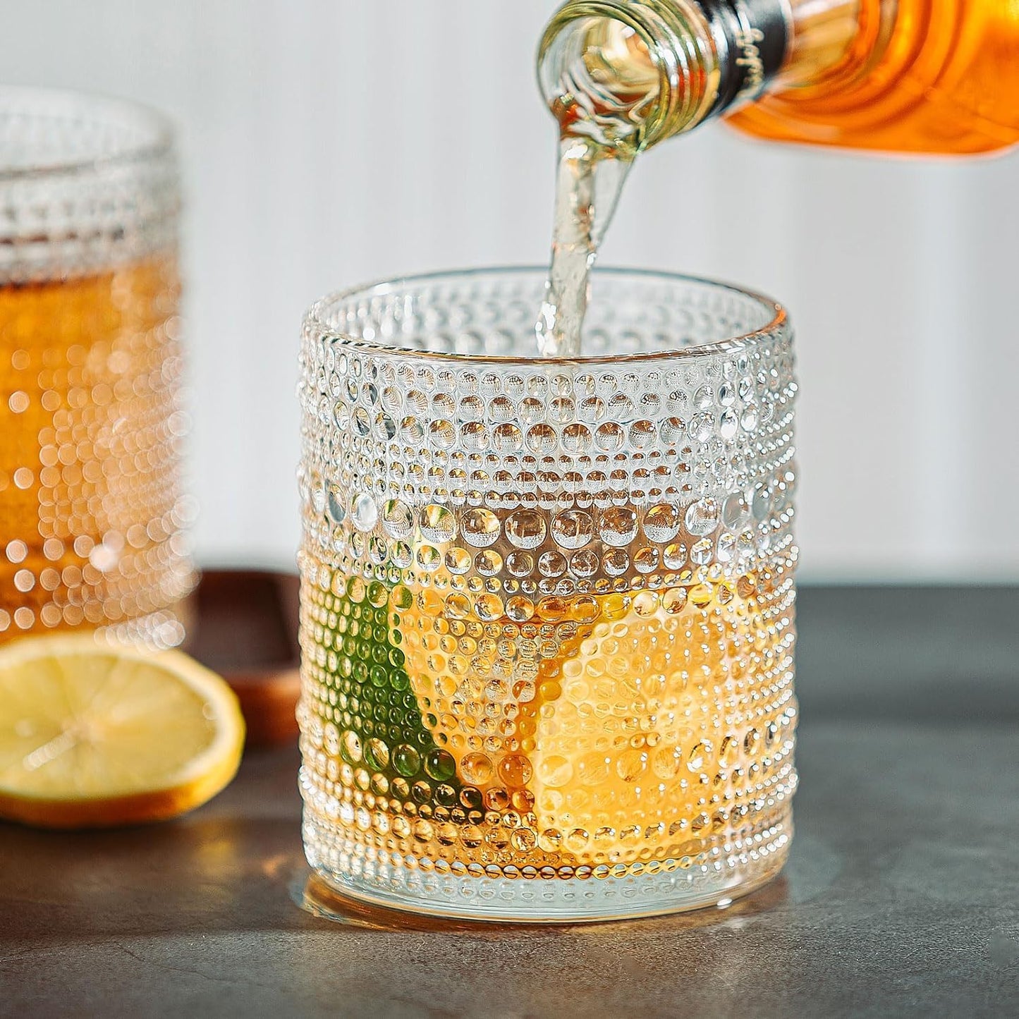 Vintage Hobnail Glassware Set of 2 - 13 oz Ribbed Drinking Glasses with Glass Straws, Ideal for Whiskey, Cocktails, and Romantic Highball Drinks