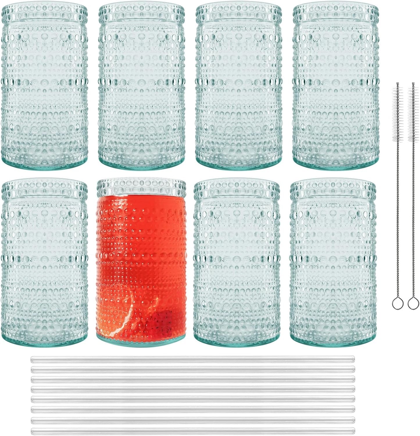 Hobnail Drinking Glasses Set of 8 - 16 oz Handmade Recycled Glass Beaded Cups, Vintage Style for Whiskey, Wine, Cocktails
