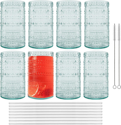Hobnail Drinking Glasses Set of 8 - 16 oz Handmade Recycled Glass Beaded Cups, Vintage Style for Whiskey, Wine, Cocktails
