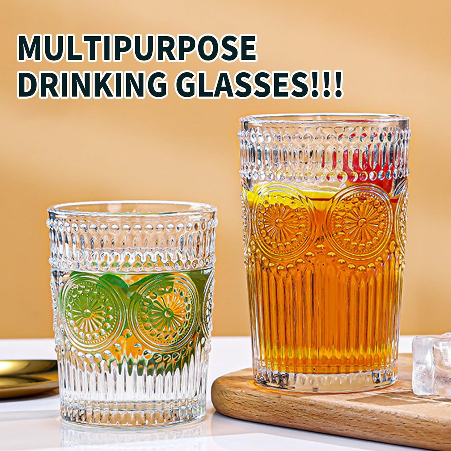 Vintage Striped Glassware Set of 8 - Textured Drinking Glasses, 4 Highball 12oz & 4 Rocks 10oz, Juice and Cocktail Cups, Ideal for Home and Bar