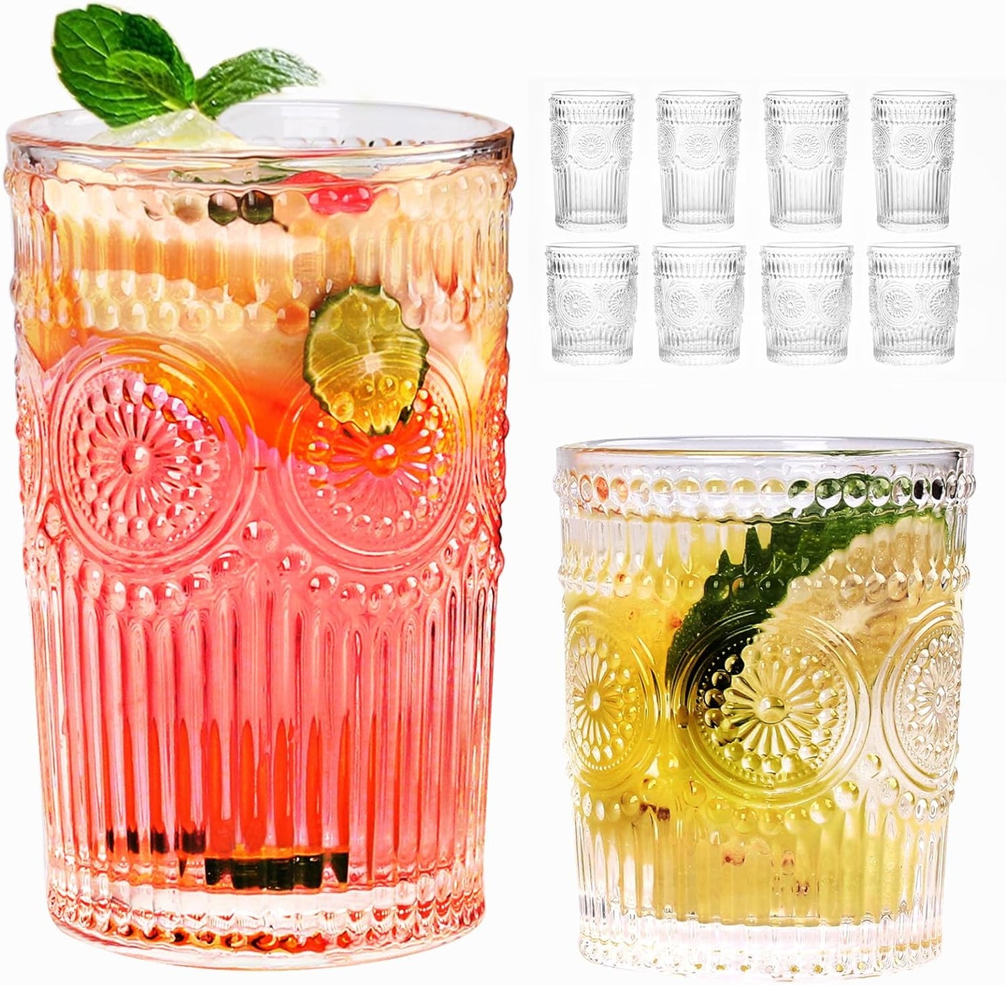 Vintage Striped Glassware Set of 8 - Textured Drinking Glasses, 4 Highball 12oz & 4 Rocks 10oz, Juice and Cocktail Cups, Ideal for Home and Bar