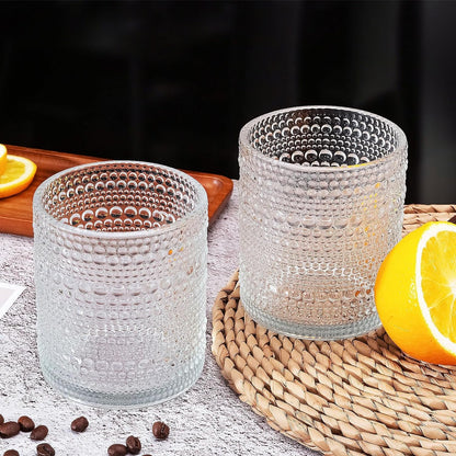 Vintage Hobnail Glassware Set of 2 - 13 oz Ribbed Drinking Glasses with Glass Straws, Ideal for Whiskey, Cocktails, and Romantic Highball Drinks