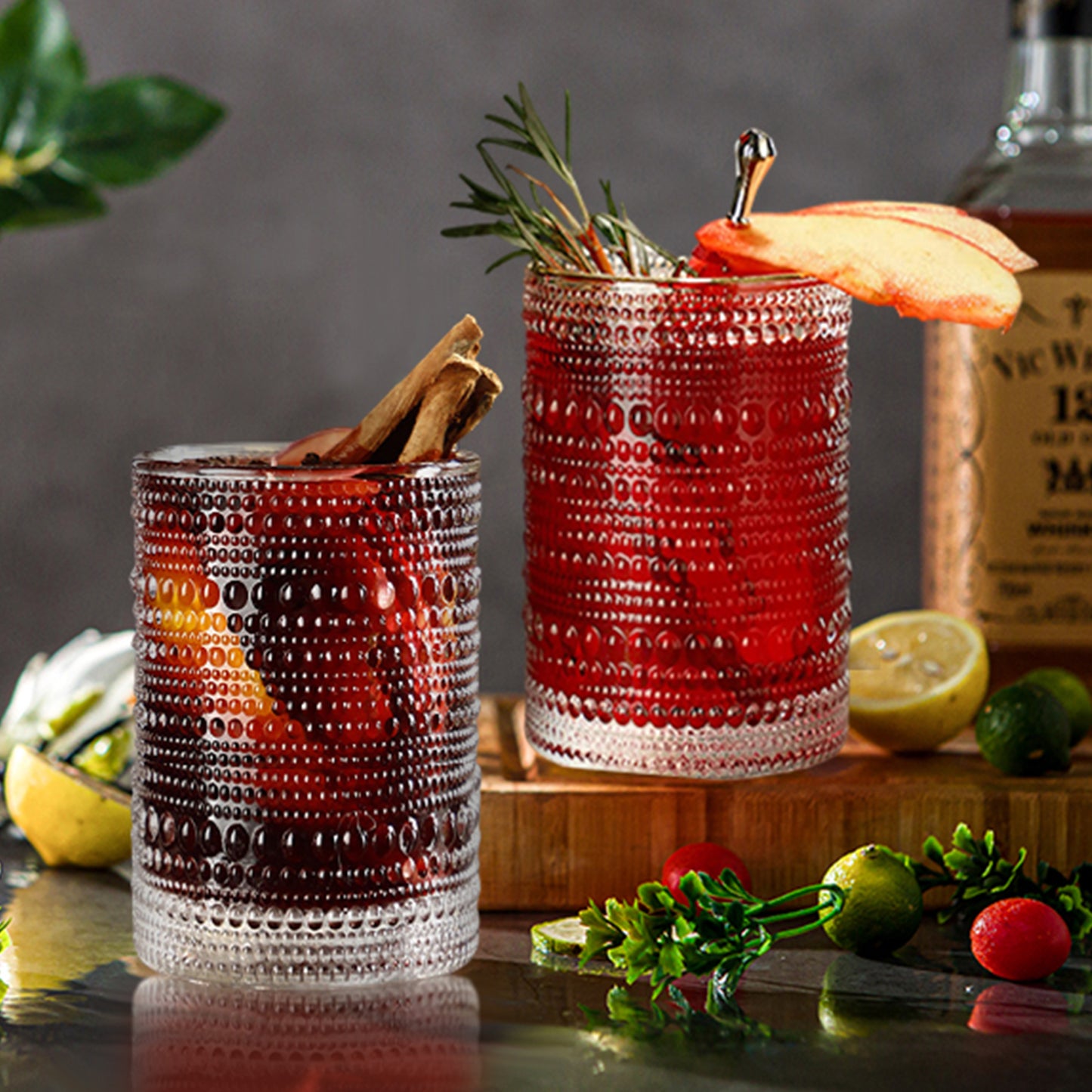 Vintage Hobnail Drinking Glasses Set of 6 - 15 oz Ribbed Highball Glasses, Classic Cocktail & Whiskey Glassware, Retro Stylish Drinkware with Straws, Durable & Elegant