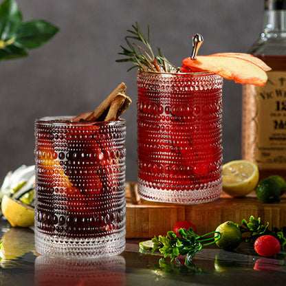 Vintage Hobnail Drinking Glasses Set of 6 - 15 oz Ribbed Highball Glasses, Classic Cocktail & Whiskey Glassware, Retro Stylish Drinkware with Straws, Durable & Elegant