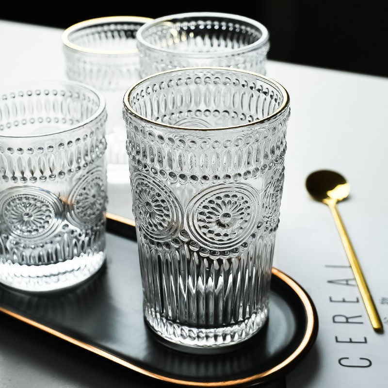 Vintage Striped Glassware Set of 8 - Textured Drinking Glasses, 4 Highball 12oz & 4 Rocks 10oz, Juice and Cocktail Cups, Ideal for Home and Bar